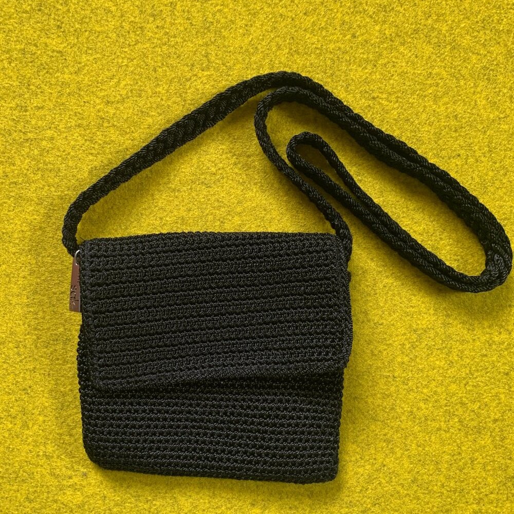 The Sak Crochet Crossbody Handbag Black Purse Silver Tone Hardware